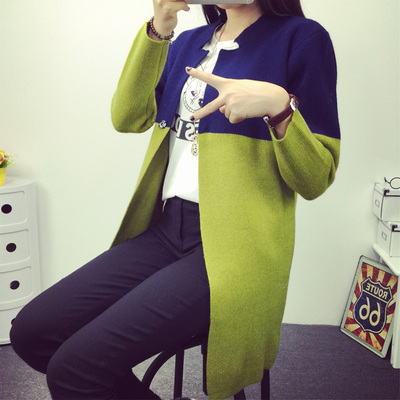 2015秋季外套韩版复古拼接撞色毛衣外套修身中长款针织衫女开衫