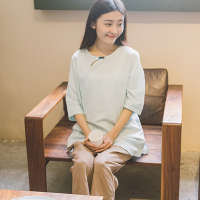 2016中国风文艺复古镂空盘扣斜襟纯色亚麻中袖中女式长款衬衫