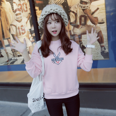 花轮 2015秋冬装新款 韩国宽松兔八哥加绒卫衣粉色套头学生女加厚