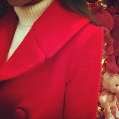2015冬季韩版直筒显瘦外套中长款大红色大码毛呢翻领外套女包邮