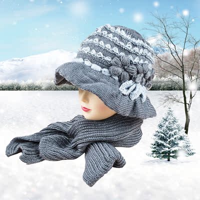 2015新款冬季中老年人帽子围巾两件套女士双层保暖毛线帽妈妈帽潮