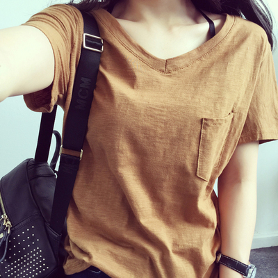 20166夏季新款韩版女装半袖打底衫体恤纯色V领修身短袖棉T恤上衣