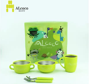 ALcoco儿童不锈钢餐具套装爱伦可可宝宝餐具宝宝饭碗叉勺水杯组合