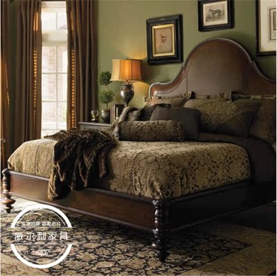 美式乡村实木床 复古做旧欧式实木床 卧室双人床实木皮艺床可定制