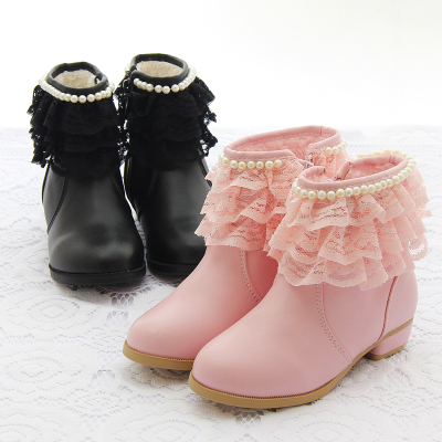 儿童靴子2015冬款韩版女童蕾丝短靴 宝宝加绒雪地靴女孩低筒短靴