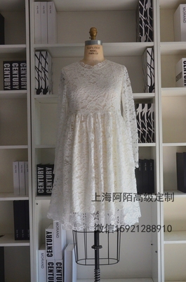 【上海阿陌高级定制】 白色蕾丝长袖圆领大摆花边公主长款连衣裙