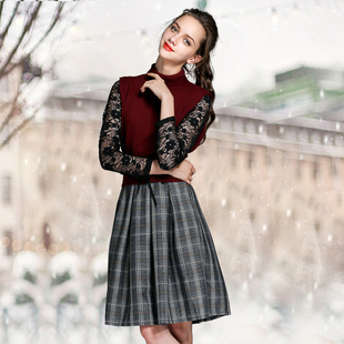欧洲站2015秋装新款毛衣+蕾丝拼接格纹连衣裙两件套