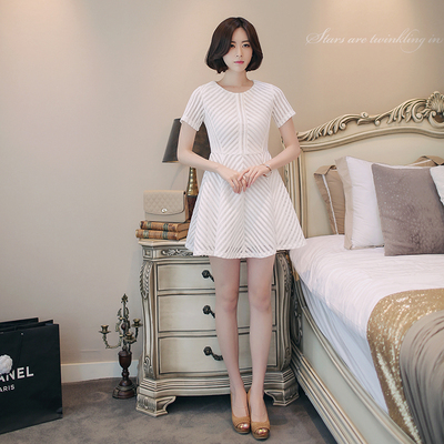 2016韩版新款蕾丝镂空立体高腰 短袖打底连衣裙