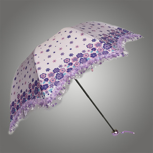 小清新彩胶小花朵图案遮阳伞防紫外线晴雨伞太阳伞蕾丝花边三折伞