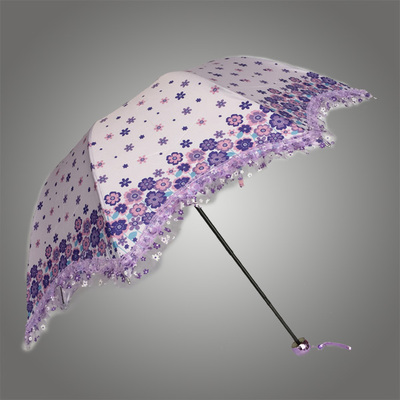 小清新彩胶小花朵图案遮阳伞防紫外线晴雨伞太阳伞蕾丝花边三折伞