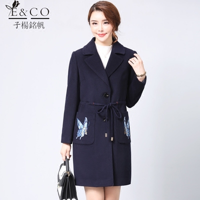 冬季新款韩版中年妈妈装高档羊绒大衣加大码绣花长款羊毛呢外套女