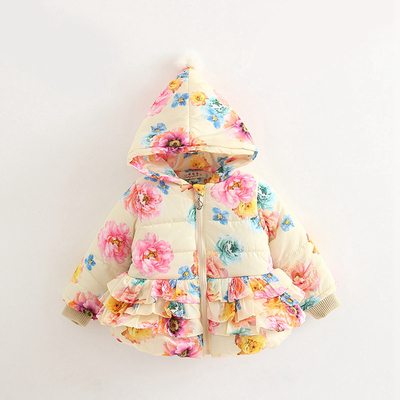 2015新款秋冬季女童棉外套 1-2-3岁女宝宝大花朵印花韩版棉衣