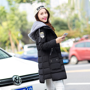 实拍2015冬季新款韩版修身大码加厚连帽中长款羽绒棉服女