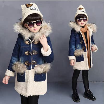新款童装冬装牛仔外套加绒加厚韩版中大童女童羊羔毛开衫保暖棉衣