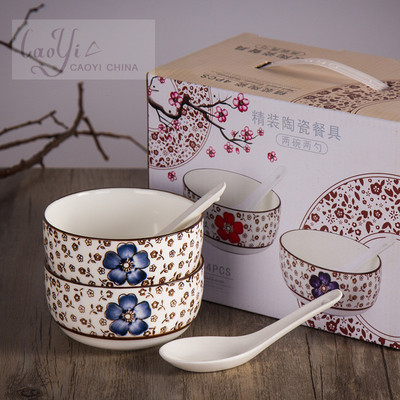 批发日式陶瓷碗勺餐具套装骨瓷两碗两勺中秋礼品盒套装手绘可定制