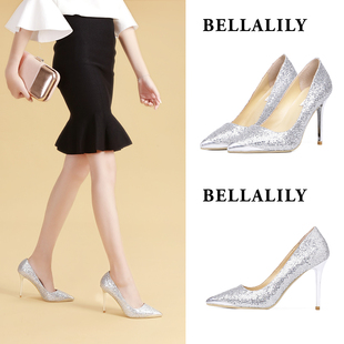 Bella Lily尖头细高跟单鞋银色闪亮片性感高跟鞋秋新款女鞋婚鞋