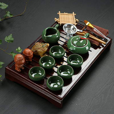 冰裂釉陶瓷七彩功夫茶具杯子茶壶带茶盘实木制茶台托盘整套装特价