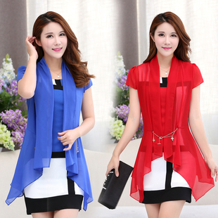 韩版夏季新款优雅气质雪纺连衣裙开衫两件套大码显瘦包臀短裙套装