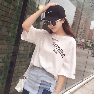夏季新款韩版字母破洞竹节棉纯棉短袖T恤女半袖蝙蝠衫体恤衫