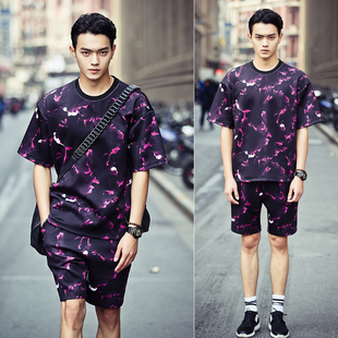 欧美大牌紫色花卉主题纯棉半袖t恤2015夏装男士廓形宽松时尚短袖