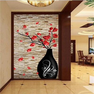 3D立体玄关壁画走廊过道墙纸装饰画 竖版 欧式 红玫瑰花瓶墙纸