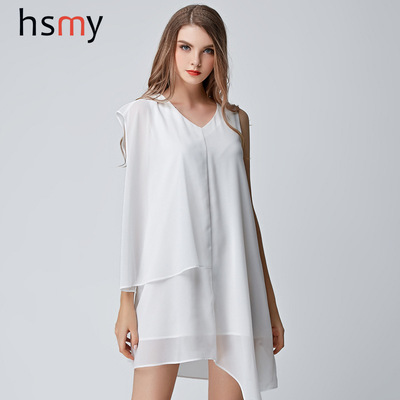 2015夏季新款女装 欧美时尚宽松大码纯色雪纺不规则无袖连衣裙