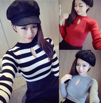 秋季新款韩版女装镂空破洞百搭圆领上衣条纹显瘦长袖套头毛针织衫