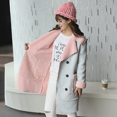 2015秋冬新款韩版羊羔毛鹿麂皮绒保暖棉衣女装加厚中长款外套夹克