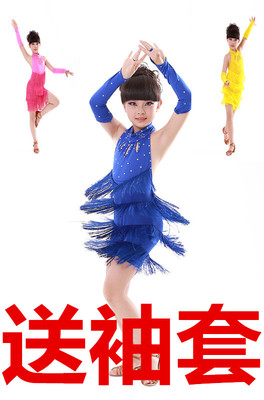 儿童拉丁舞演出服新款夏少儿女比赛表演服装幼儿舞蹈裙流苏亮片黄
