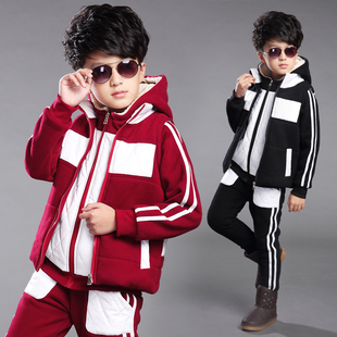 男童拼皮条纹三件套2015冬款时尚休闲运动童装中大童加绒加厚套装