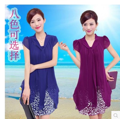 2015新款夏季韩版大码雪纺衫 短袖真丝连衣裙 中老年女装妈妈长裙