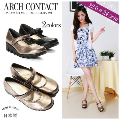 ARCH CONTACT日本制造正品进口圆头坡跟浅口皮带扣舒适女单鞋皮鞋