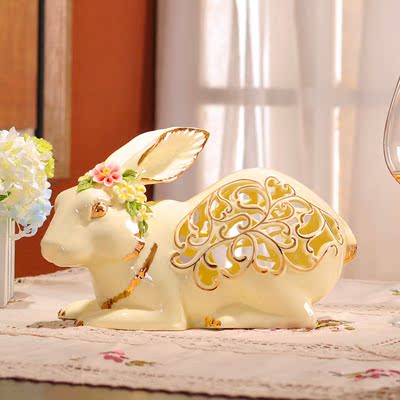 月亮兔子摆件家居客厅装饰品陶瓷创意二十生肖玉兔子摆设新婚礼物