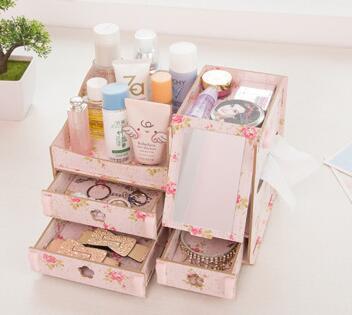创意木质首饰化妆品收纳盒 韩版桌面多功能抽纸梳妆整理DIY盒