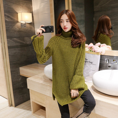 2015冬装女式韩版针织衫高领毛衣中长款开叉修身粗线保暖打底甜美