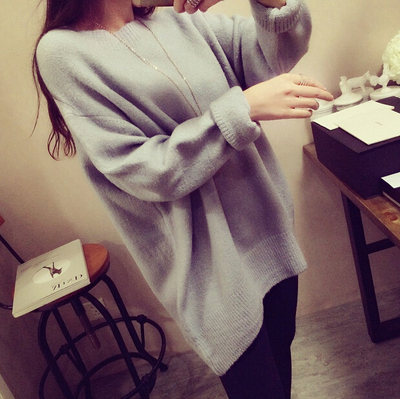 2015秋季韩版新款女装 纯色宽松大码中长款圆领针织衫外套 毛衣女