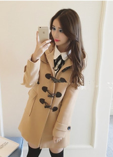 韩版2015冬季女装双排扣连帽中长款修身毛呢外套瑜OM9634