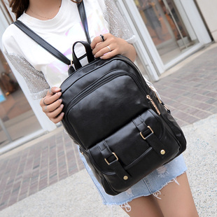 夏季新款潮书包双肩女韩版背包pu皮学院风学生包旅行包软黑色包
