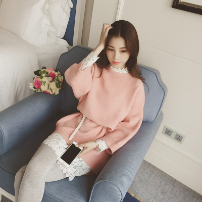2015秋装新款花朵镂空宽松套头蕾丝衫韩版中长款羊毛毛衣打底衫潮