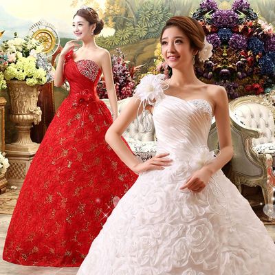 红色婚纱单肩韩式显瘦修身绑带新娘婚纱礼服2015夏新款大码婚纱