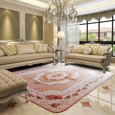 馨采米色玫瑰珊瑚绒欧式沙发客厅茶几地毯卧室床边床前防滑可水洗