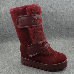 莎莉波尔冬季新款中筒靴雪地靴魔术贴短靴兔毛厚底内增高真皮女靴