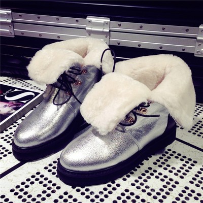 欧美街拍2015冬羊皮毛一体亮色超级保暖爆裂纹系带内增高女雪地靴