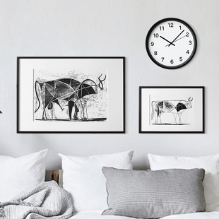现代简约装饰画欧式客厅玄关书房毕加索黑白抽象挂画有框牛的变形