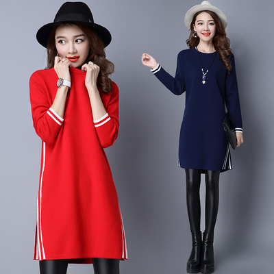 2016秋冬季韩版长袖针织连衣裙女装修身显瘦打底包臀开叉中长裙子