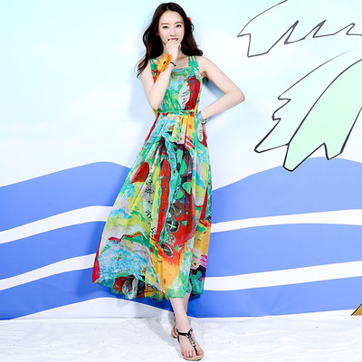2015夏装新款复古印花连衣裙女显瘦波西米亚长裙沙滩裙