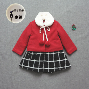 三件套 韩国冬季女童棉服儿童连衣裙加棉加厚呢大衣棉衣外套童装