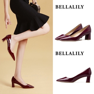 Bella Lily秋新款尖头粗跟高跟鞋中跟鞋酒红漆皮真皮浅口单鞋女鞋