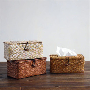 日式简约手工海草编纸巾盒长方形抽取式车载家用纸巾盒收纳盒