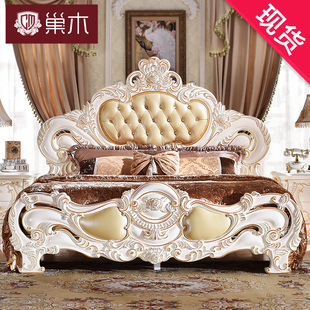 巢木家具 奢华欧式床法式公主床美式头层真皮全实木双人橡木婚床